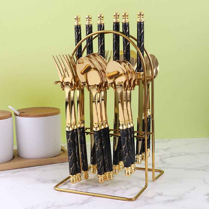 410 stainless steel knife, fork, spoon set, European style hotel Western tableware, golden dessert spoon set, 24 pieces