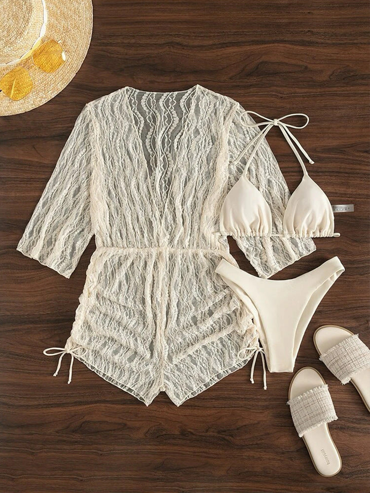 Swimsuit women's long sleeved mesh sun protection skirt style three-point sexy