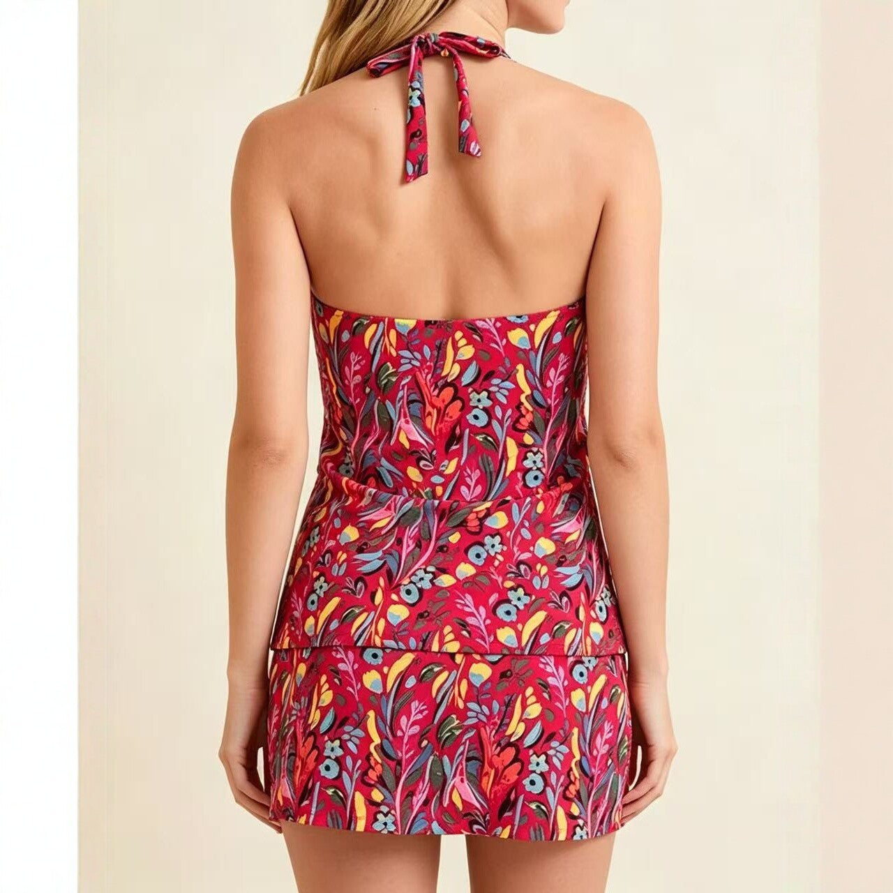 Women's Retro Red Flower Hanging Neck Split Skirt Swimsuit