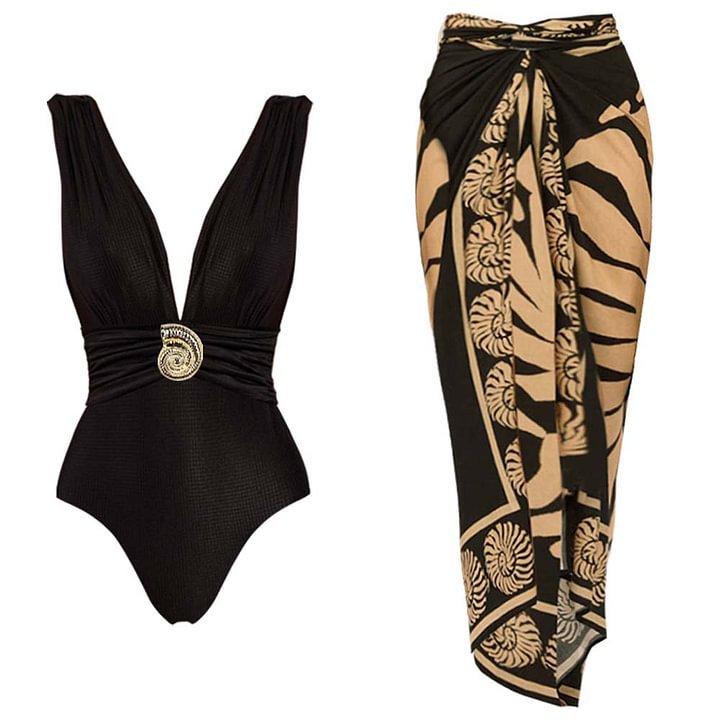 Solid Color V-neck  Fitted Waist  Slimming One-piece Swimsuit Set  Long Dress