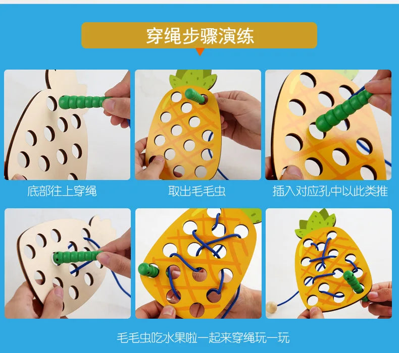 Wooden fruit threading board placed in Montessori early education threading game