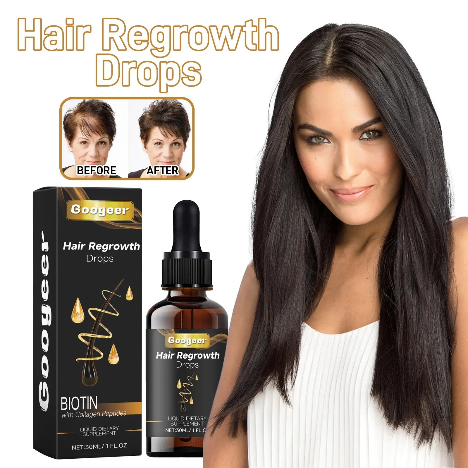 Googeer Hair Regrowth Drops, Repair Dry Hair Smooth Hair Solid Hair Thick Prevent Hair Loss eprolo