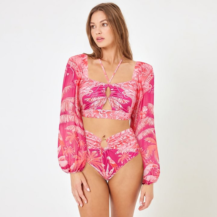Long Sleeve Halter Swimsuit Women High Waist Slimming Bikini