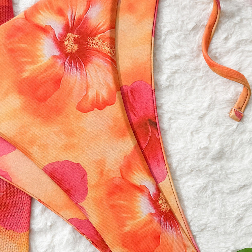 Lady Vacation Color Gradient Floral Print Tie-Up Wrap Bikini Set Women's Three-Piece Swimsuit