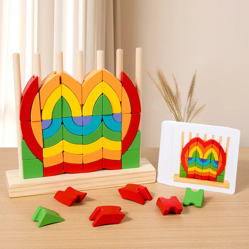 Children's early education toys Ring rainbow wooden blocks thinking training hand eye coordination disc breakdown Jenga