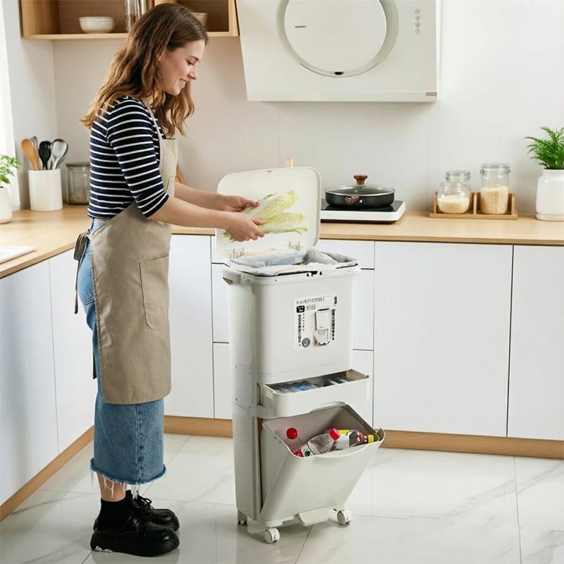 42L Kitchen Recycling Bin | 3-Compartment Pedal Trash Can with Wheels eprolo