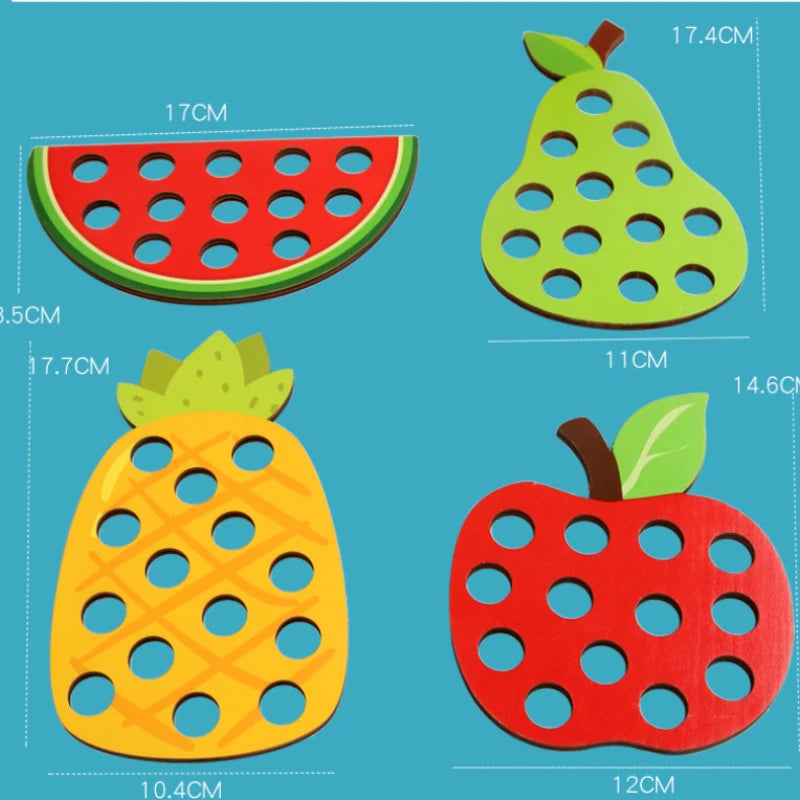Wooden fruit threading board placed in Montessori early education threading game