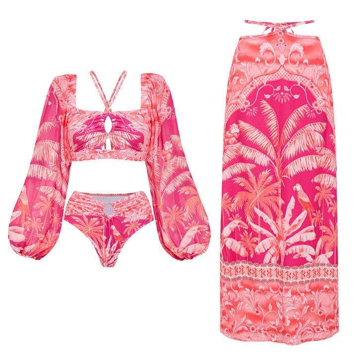 Long Sleeve Halter Swimsuit Women High Waist Slimming Bikini