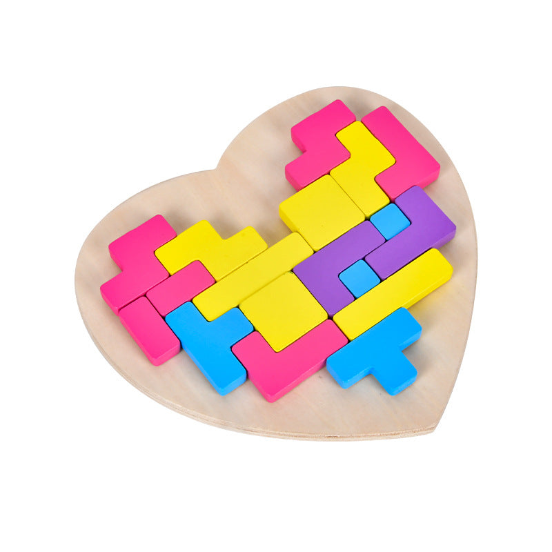Wooden versatile heart-shaped puzzle for children's early education, puzzle thinking training, Tetris blocks