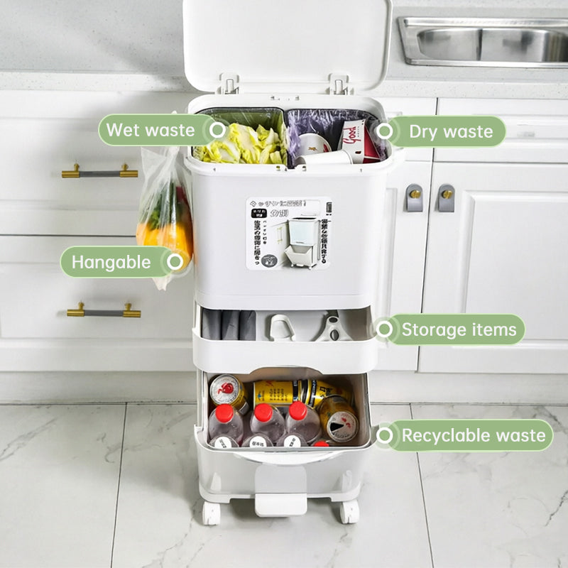 42L Kitchen Recycling Bin | 3-Compartment Pedal Trash Can with Wheels eprolo