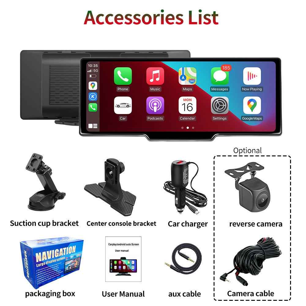 10.26-Inch Portable Car Smart Screen – Wireless CarPlay, Android Auto, Bluetooth & AHD Backup Camera