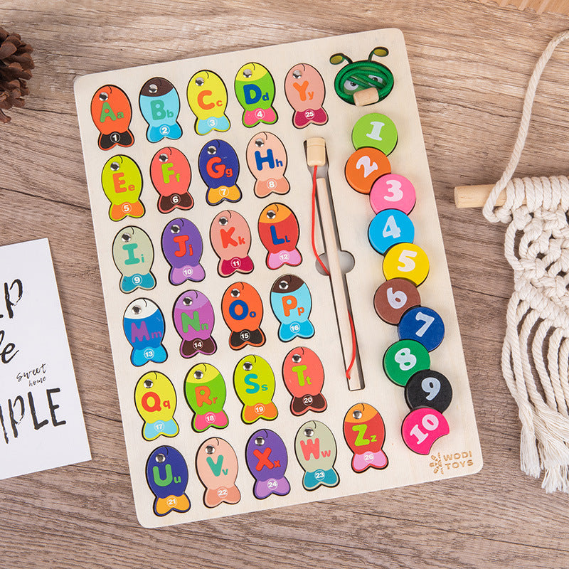 Wooden Magnetic Alphabet Fishing Children's Early Education Puzzle Cognitive Matching Puzzle Caterpillar Digital Beaded Toy