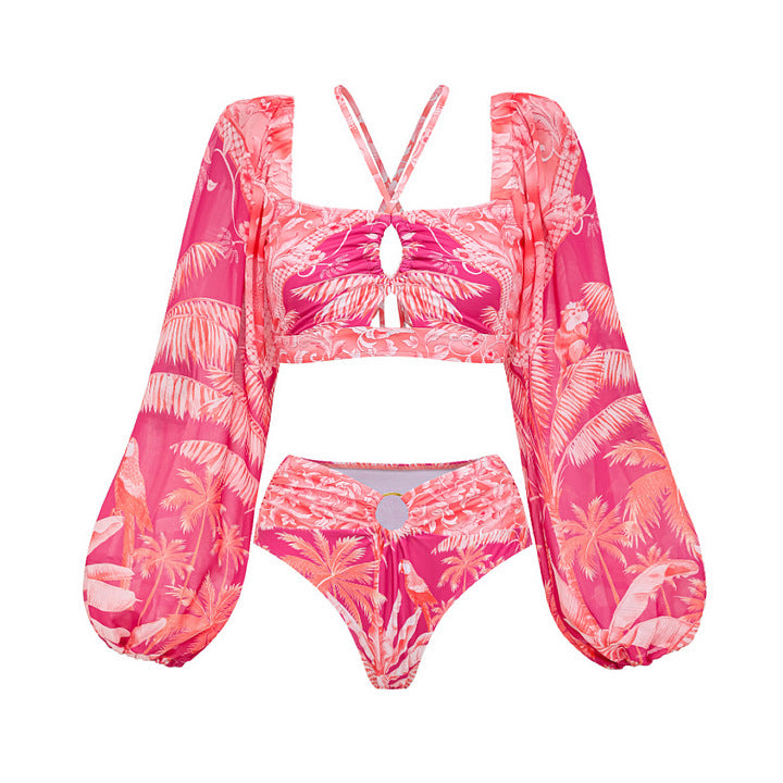 Long Sleeve Halter Swimsuit Women High Waist Slimming Bikini