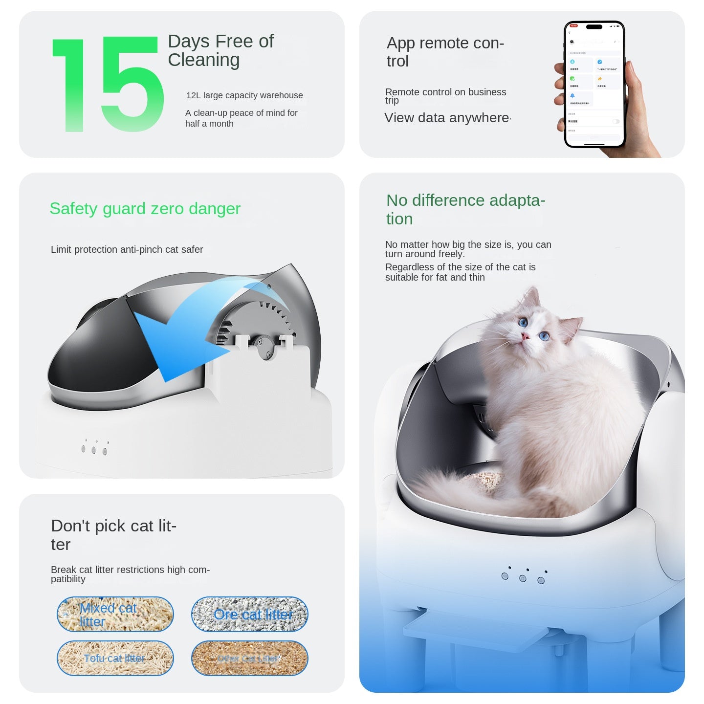 Smart Automatic Cat Litter Box with Open Design, Electric Self-Cleaning, Auto Scoop, Full-Size Intelligent Cat Toilet