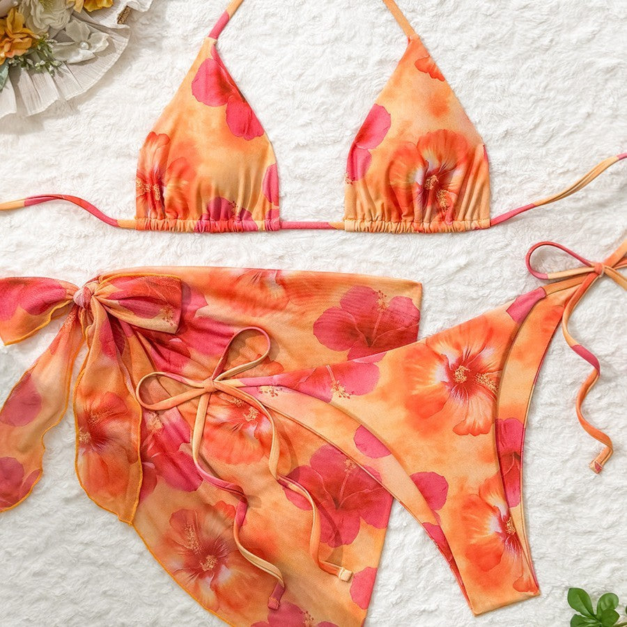 Lady Vacation Color Gradient Floral Print Tie-Up Wrap Bikini Set Women's Three-Piece Swimsuit