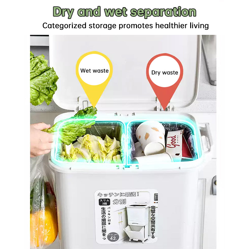 42L Kitchen Recycling Bin | 3-Compartment Pedal Trash Can with Wheels eprolo