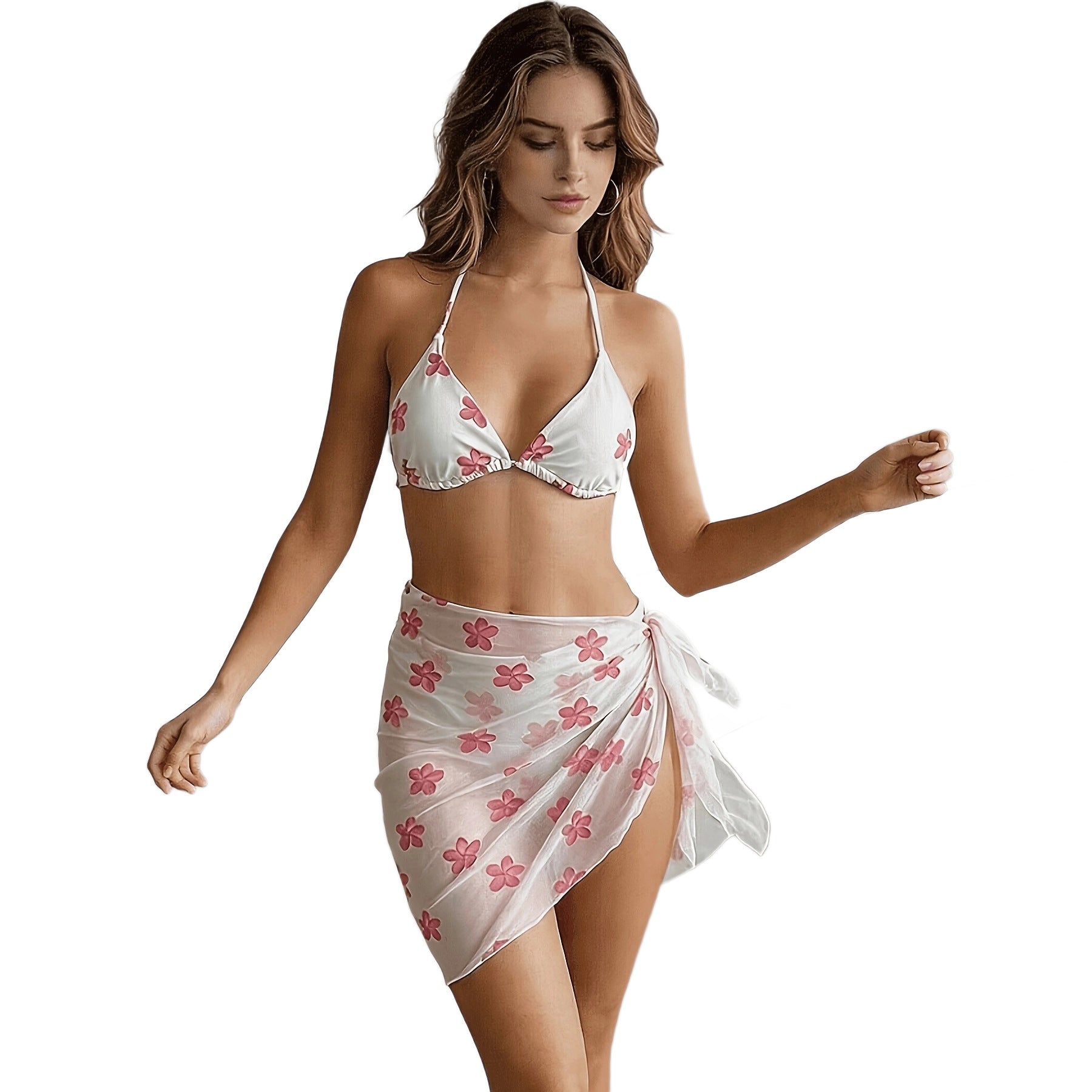Hanging neck bikini three piece set white background pink flower mesh cover shirt