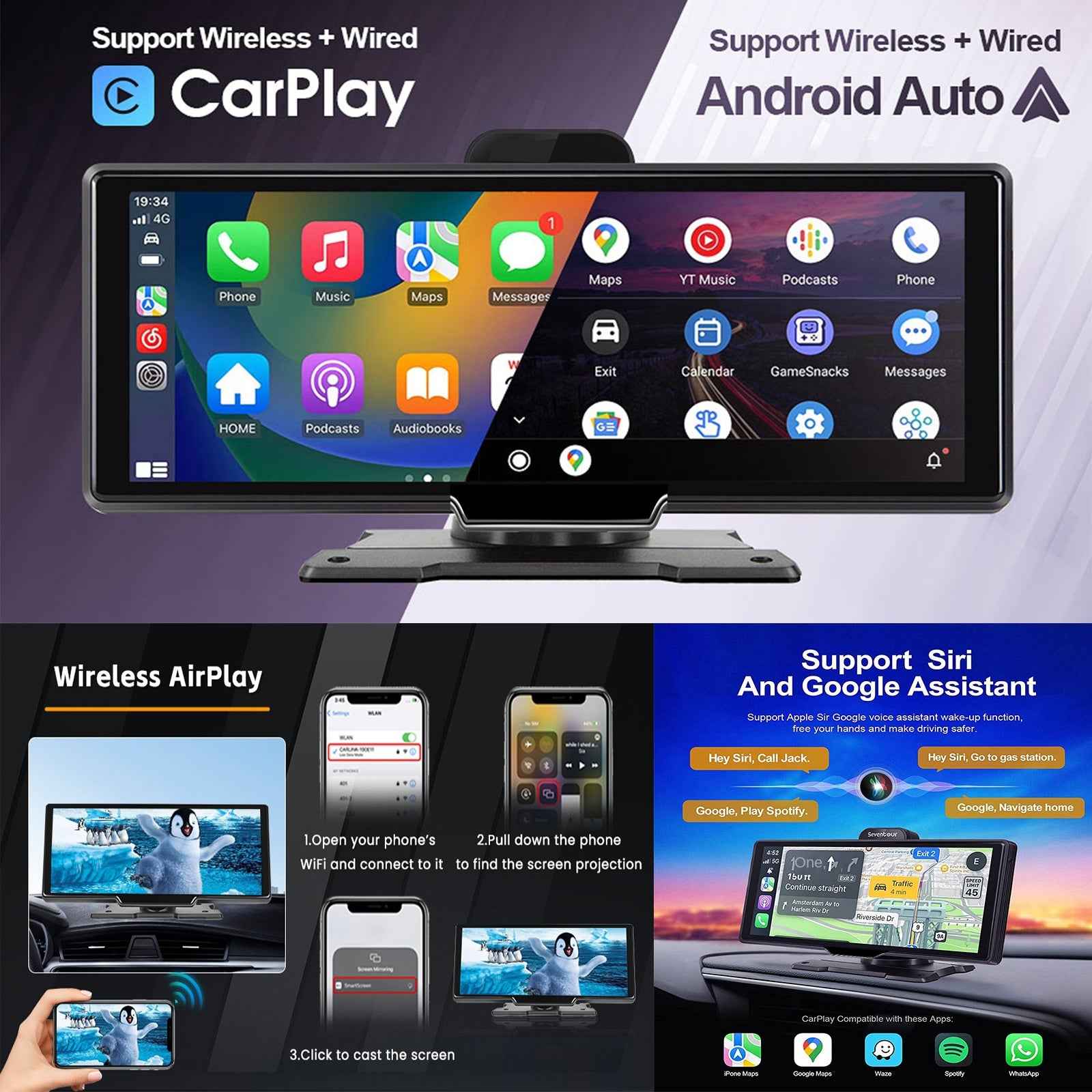 10.26-Inch Portable Car Smart Screen – Wireless CarPlay, Android Auto, Bluetooth & AHD Backup Camera
