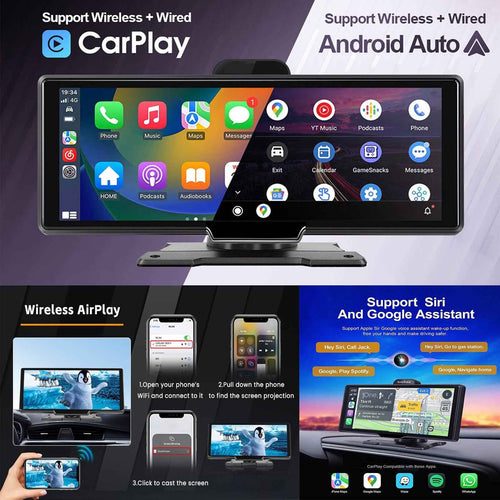 10.26-Inch Portable Car Smart Screen – Wireless CarPlay, Android Auto, Bluetooth & AHD Backup Camera