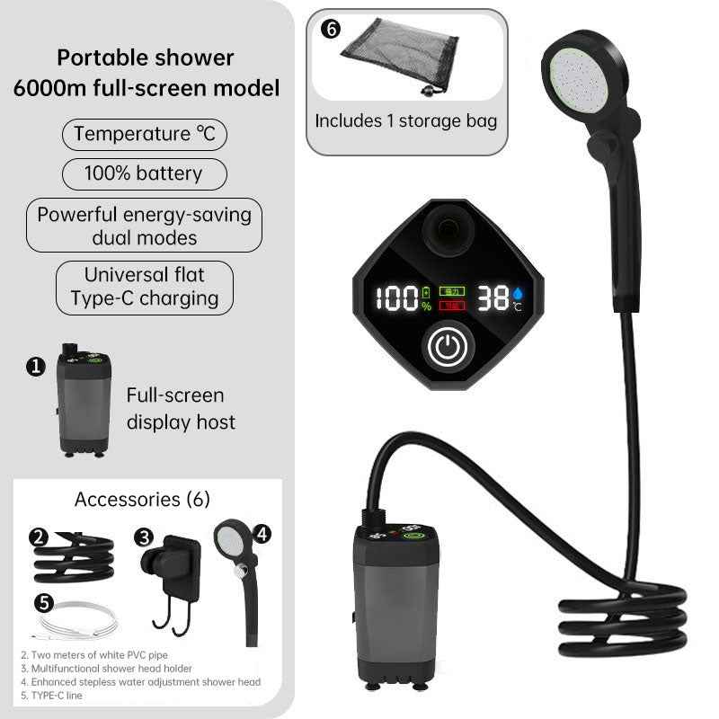 Portable Outdoor Shower Kit – 6000mAh Rechargeable Water Pump with Display for Camping & Pet Bath