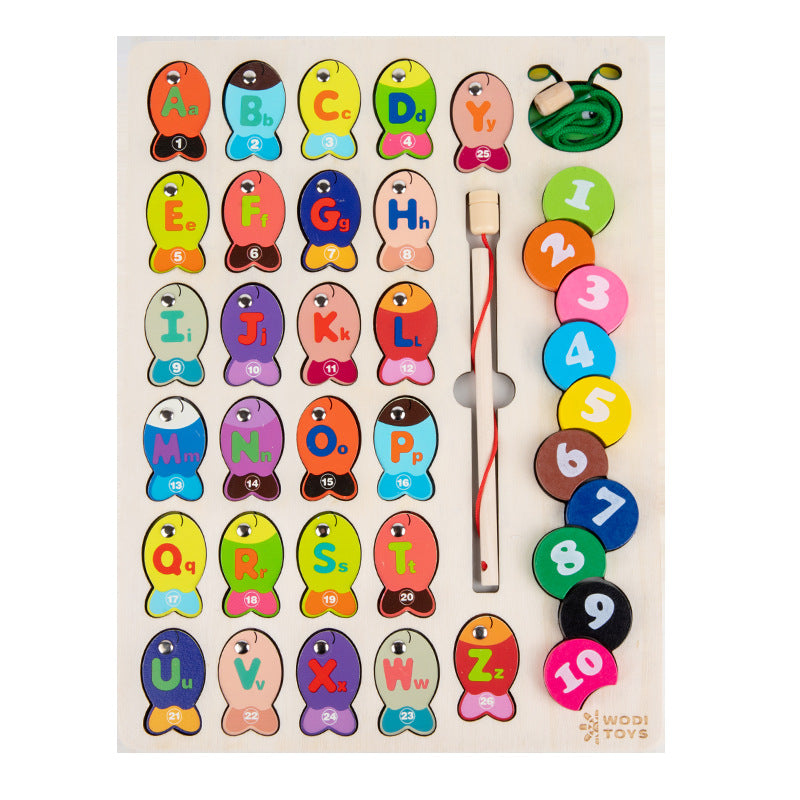 Wooden Magnetic Alphabet Fishing Children's Early Education Puzzle Cognitive Matching Puzzle Caterpillar Digital Beaded Toy