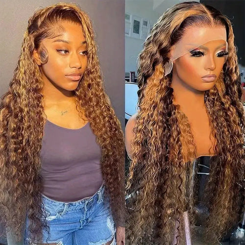 100%Lace Wigs 13x4 HD Transparent Water Wave Frontal Wigs Highlight Honey Blonde Water Wave Lace Wig
