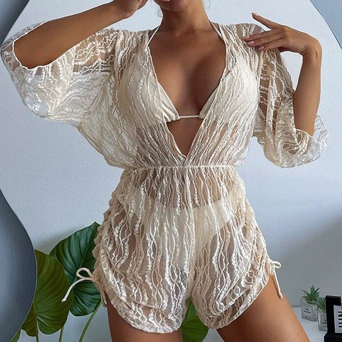 Swimsuit women's long sleeved mesh sun protection skirt style three-point sexy