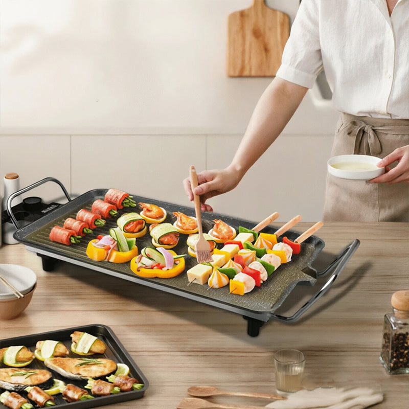 1500W Electric Teppanyaki Grill, Smokeless Non-Stick Griddle, Portable Tabletop BBQ Plate with Adjustable Temp
