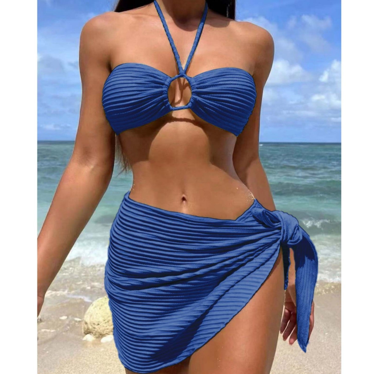 Three piece swimsuit set strapless wrap skirt split bikini