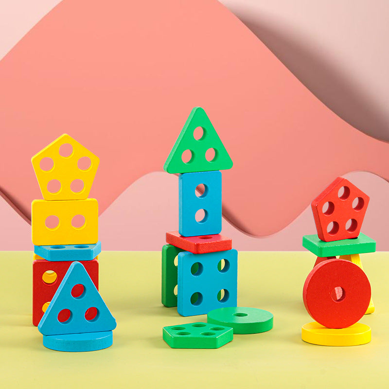 Wooden geometric shape matching puzzle column children's early education color cognitive building blocks Christmas toy gift