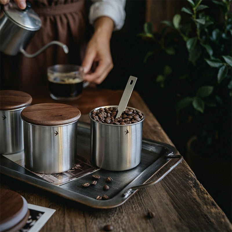 New Stainless Steel Matcha Tea Canister 380ml 560ml with Wood Lid – Sugar Caramel Storage Jar
