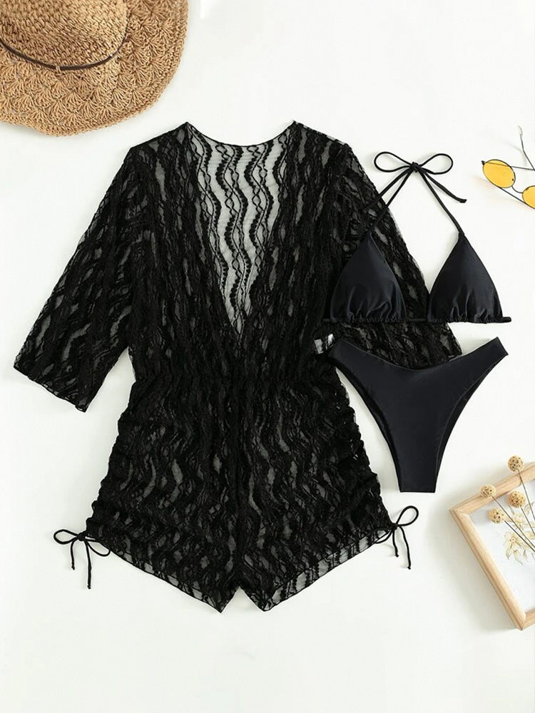 Swimsuit women's long sleeved mesh sun protection skirt style three-point sexy