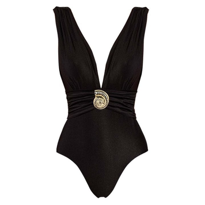 Solid Color V-neck  Fitted Waist  Slimming One-piece Swimsuit Set  Long Dress