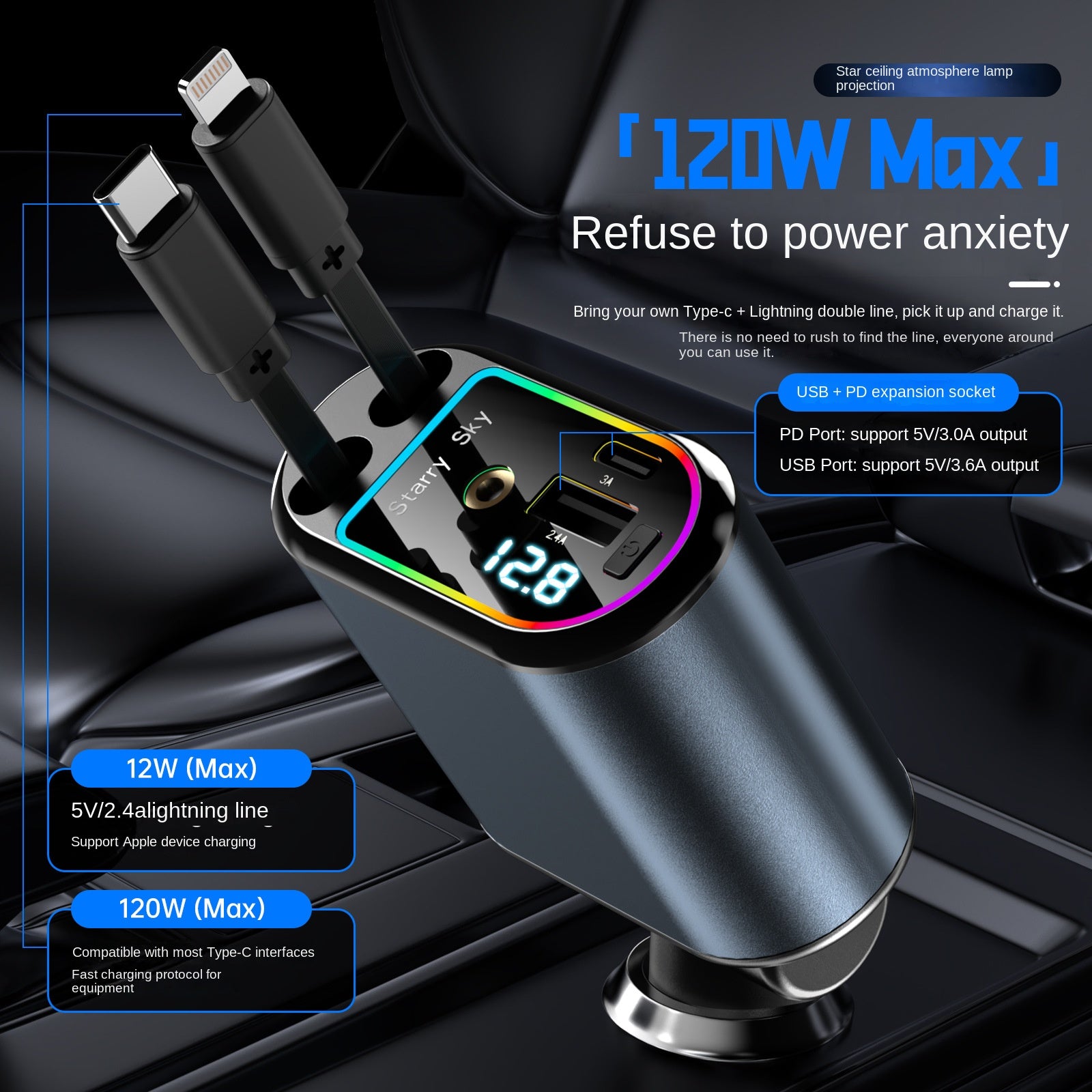 New C9 Starry Sky Fast Charging 120W Retractable Car Charger with 4-in-1 Multi-functional Digital Display by eprolo