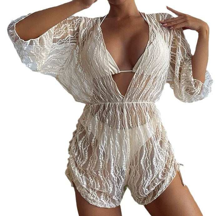 Swimsuit women's long sleeved mesh sun protection skirt style three-point sexy