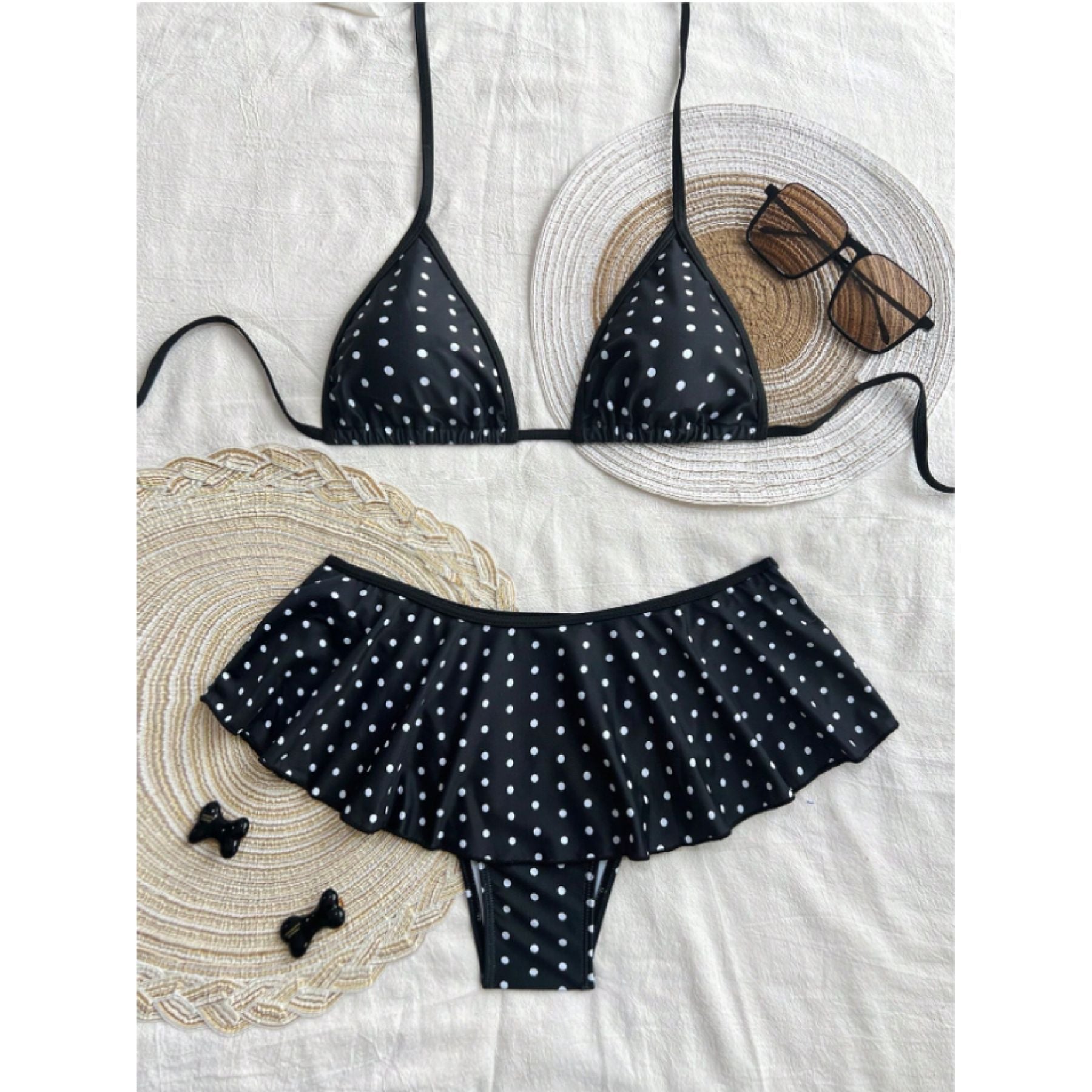 Sexy Tie-Back Ruffle Polka Dot Bikini Set with Strappy Top eprolo