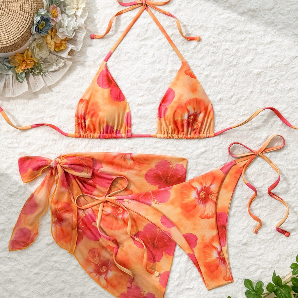 Lady Vacation Color Gradient Floral Print Tie-Up Wrap Bikini Set Women's Three-Piece Swimsuit