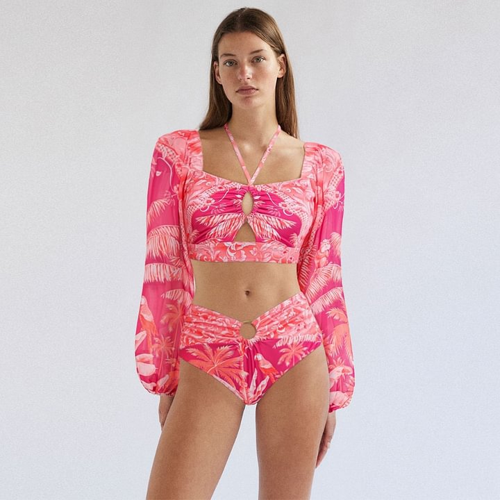 Long Sleeve Halter Swimsuit Women High Waist Slimming Bikini
