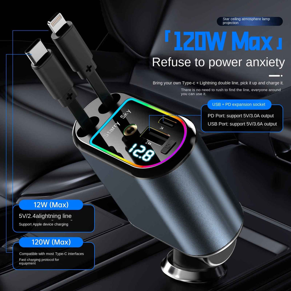 C9 Starry Sky 120W Fast Car Charger – 4-in-1 Retractable Cable with Digital Display
