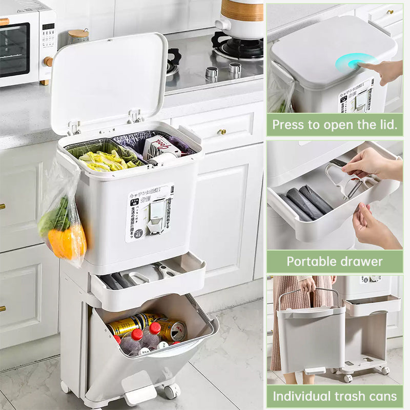 42L Kitchen Recycling Bin | 3-Compartment Pedal Trash Can with Wheels eprolo