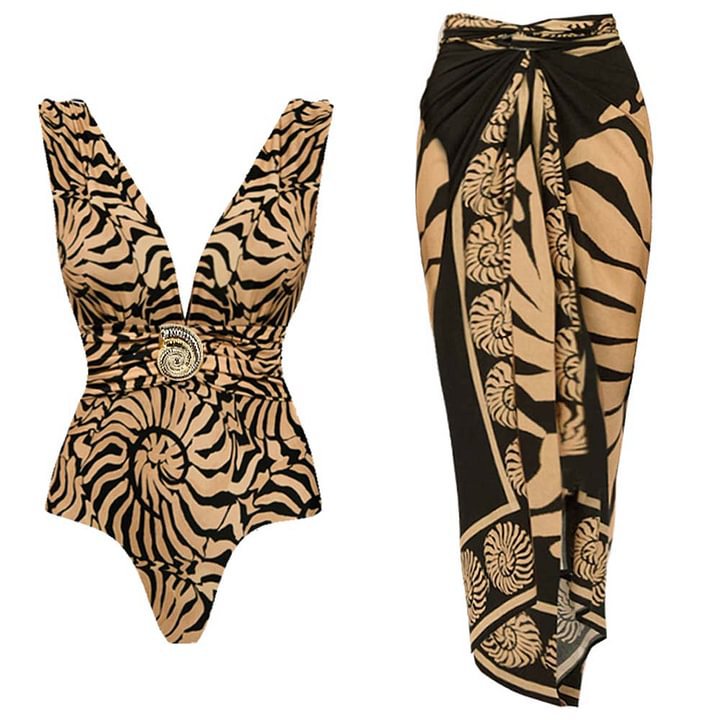 Solid Color V-neck  Fitted Waist  Slimming One-piece Swimsuit Set  Long Dress