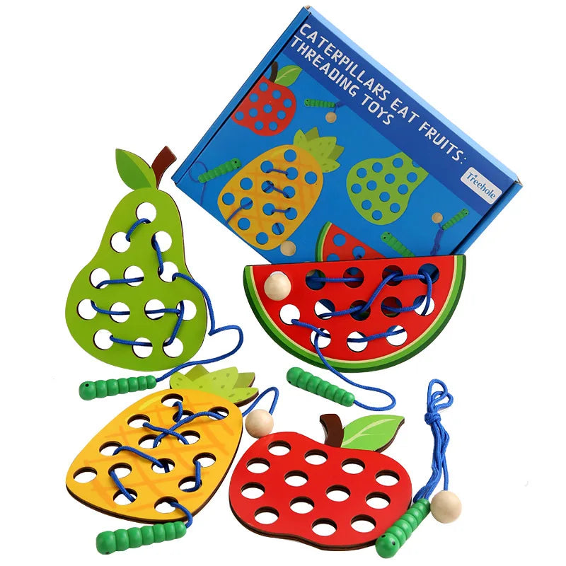 Wooden fruit threading board placed in Montessori early education threading game