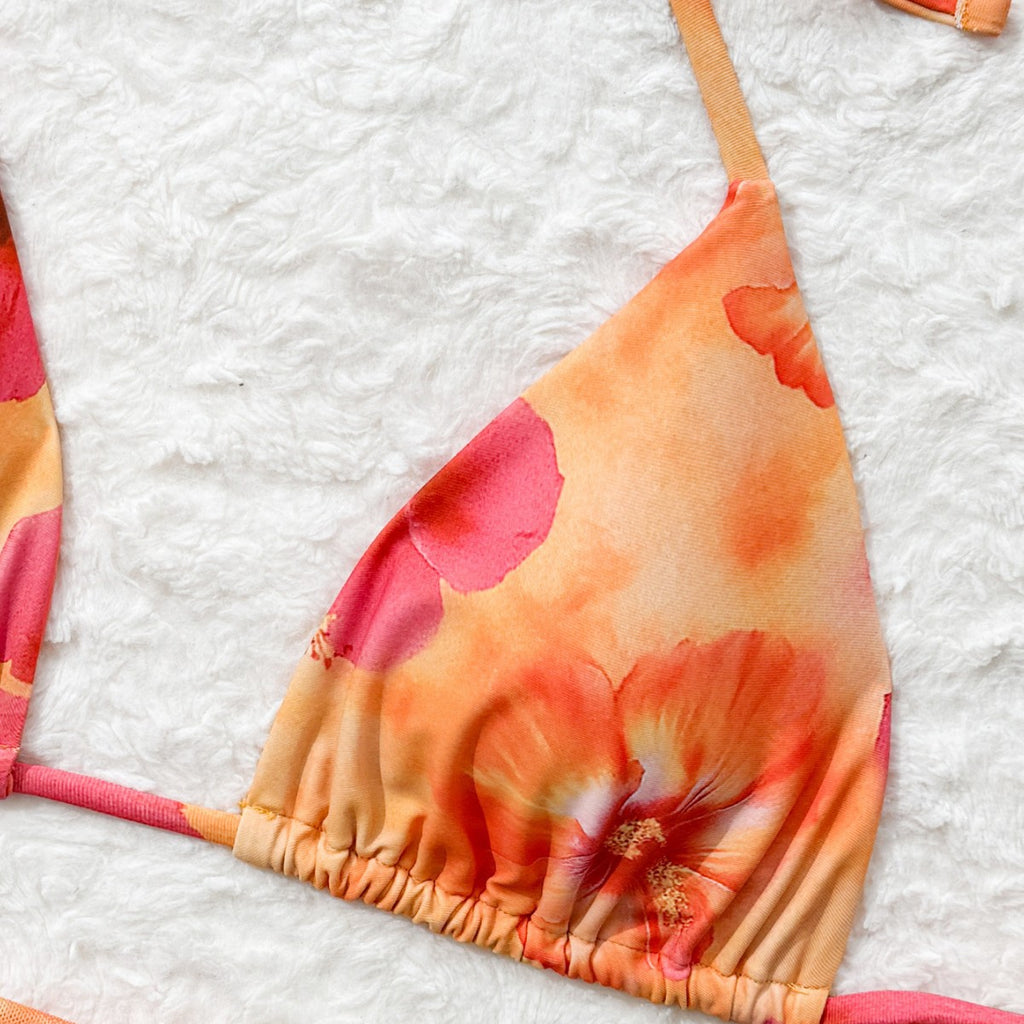 Lady Vacation Color Gradient Floral Print Tie-Up Wrap Bikini Set Women's Three-Piece Swimsuit