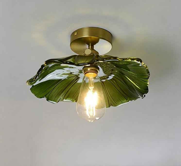 Retro Brass & Green Lotus Leaf Ceiling Light – Vintage Glass Chandelier