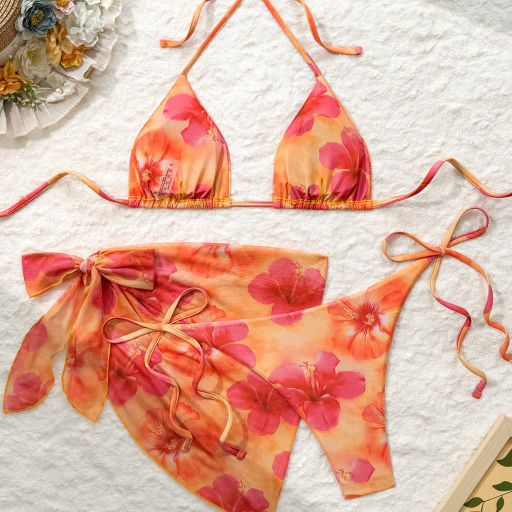 Lady Vacation Color Gradient Floral Print Tie-Up Wrap Bikini Set Women's Three-Piece Swimsuit